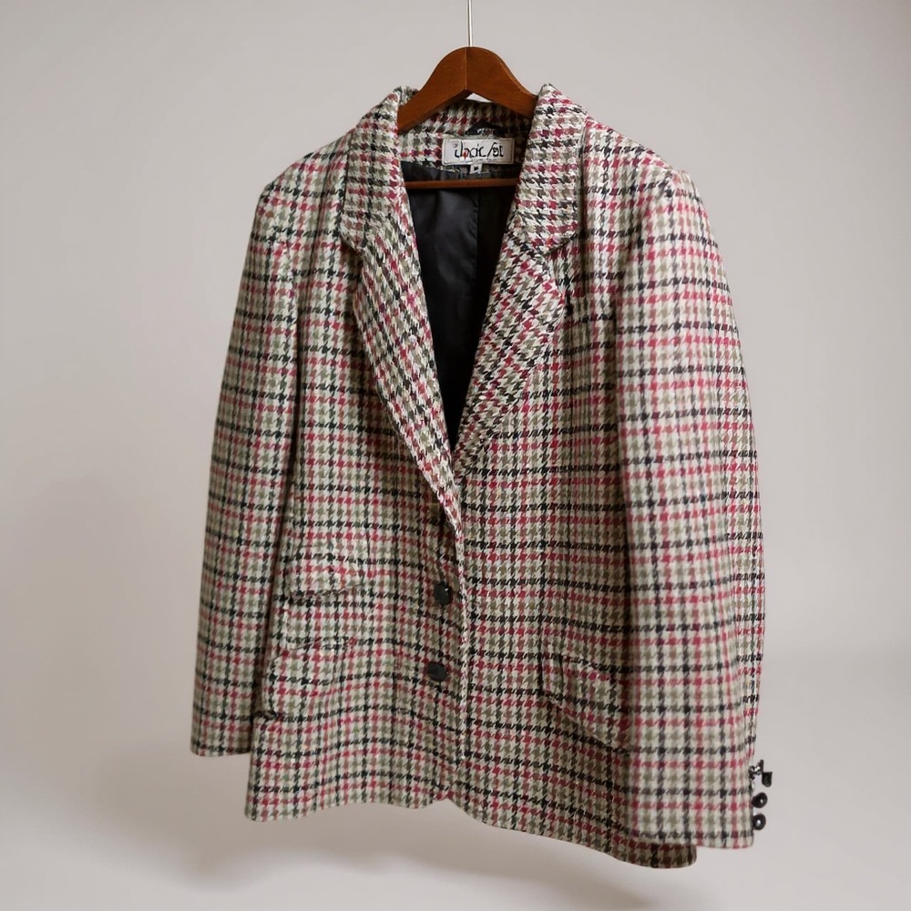 Vintage Houndstooth Blazer Jacket in Cream, Black & Pink